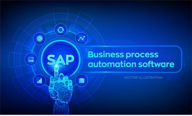 Sap business process automationソフトウェア。デジタルインターフェイスに触れるロボットの手。