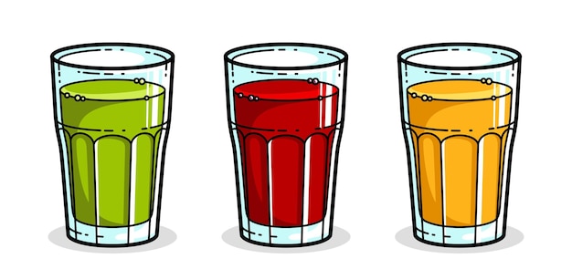 Vector sap set van groen rood en oranje in een glazen geïsoleerd op witte achtergrond vector illustratie cartoon stijl logo of badge voor zuivere verse sap dieet voedsel drank heerlijk en gezond