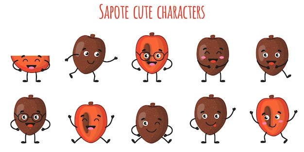 다른 포즈와 감정을 가진 Sapote 과일 귀여운 재미 쾌활한 캐릭터