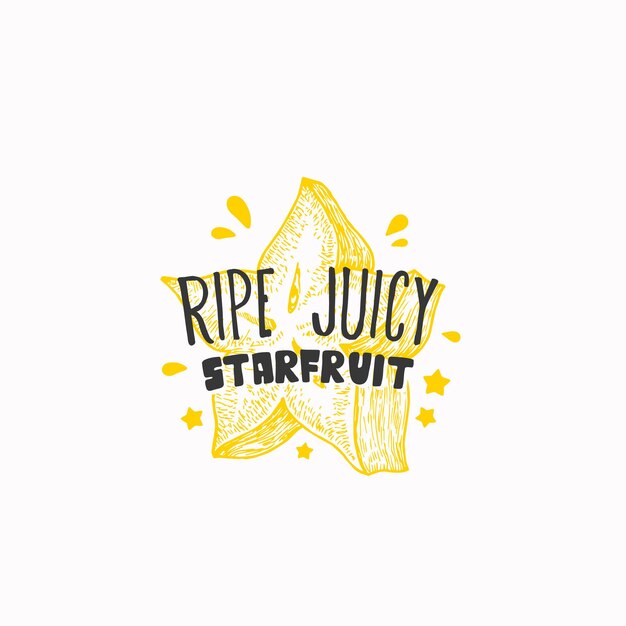 Sappige verse starfruit badge label of logo sjabloon hand getekende fruit schets met speelse typografie p...