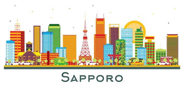 Vector sapporo japan city skyline with color buildings isolated on white