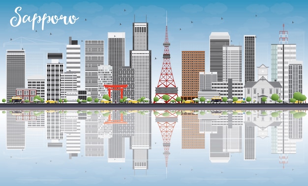 Vector sapporo skyline with gray buildings, blue sky and reflections.