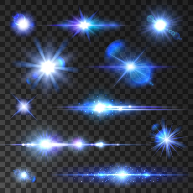 Sar glansset. Sining stars, glinsterende stralen, blauwe neonlichtstralen met lensflare-effect. geïsoleerde pictogrammen op transparante achtergrond voor Nieuwjaar, Kerstmis
