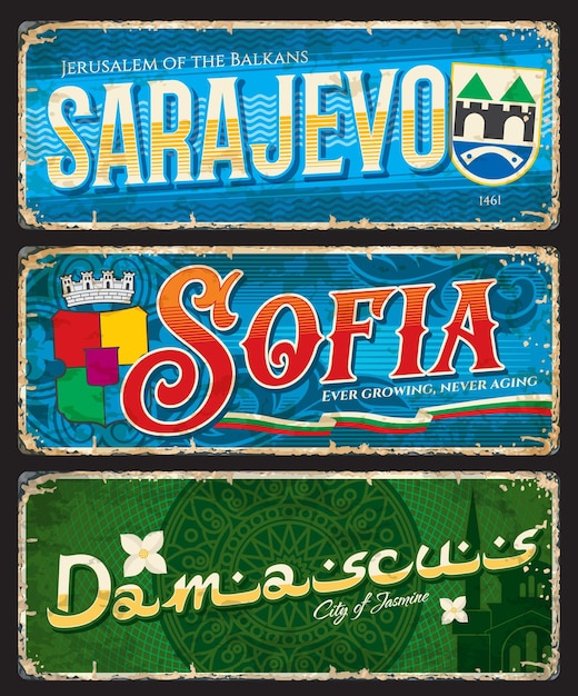 Vector sarajevo sofia damascus travel city plates