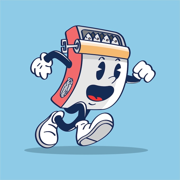 Sardine Can Cartoon Character Running with Cute Pose Vector Illustration Hand Drawing Vintage Style