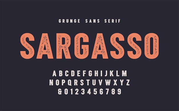 Sargasso grunge san serif vector font, alphabet, typeface, uppercase letters and numbers. global swatches.