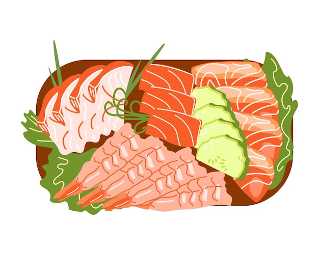 Vector sashimi meat slicing from japan asianfood top view hand drawn illustration isolated white background