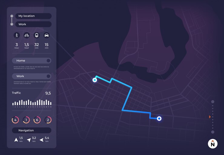 Vector sat nav mobile interface with route on city street and location pins
