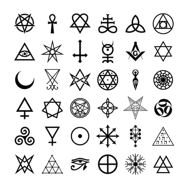 ベクトル 悪魔のシンボル、中世のオカルティズム、魔法のスタンプ、印章の鍵、神秘的なシンボル、結び目、悪魔の十字架、印章、ルシファー、バフォメット ベクトル