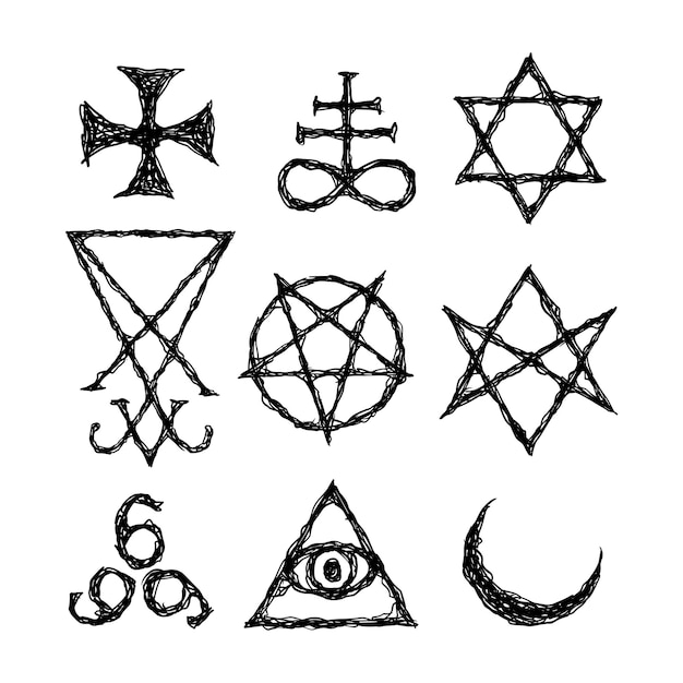 Vettore simboli satanici occultismo medievale francobolli magici sigilli chiavi simboli mistici