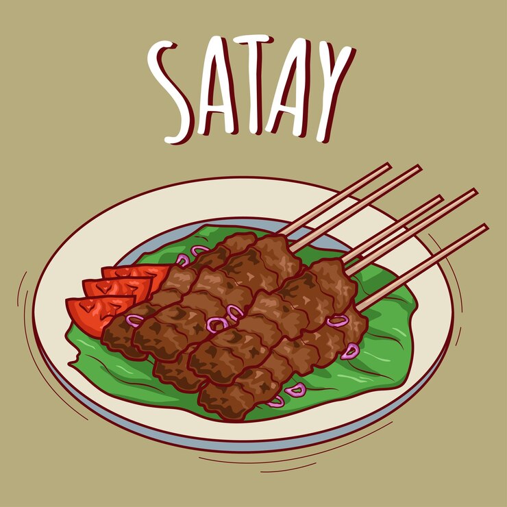 Vector saté of saté illustratie indonesisch eten met cartoonstijl