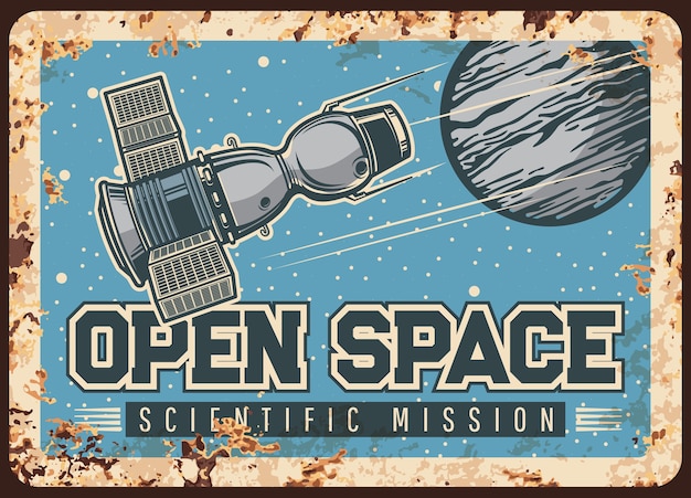 Satelliet open ruimte wetenschappelijke missie vector roestige metalen plaat.