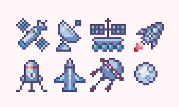 Satelliet raket pixel art set Ruimteschip ruimtevaartuig collectie 8 bit sprite