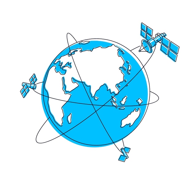 Satellieten die een orbitale vlucht rond de aarde vliegen, ruimtestations voor communicatietechnologie ruimtevaartuigen met zonnepanelen en satellietantenneplaat. Dunne lijn 3d vectorillustratie.