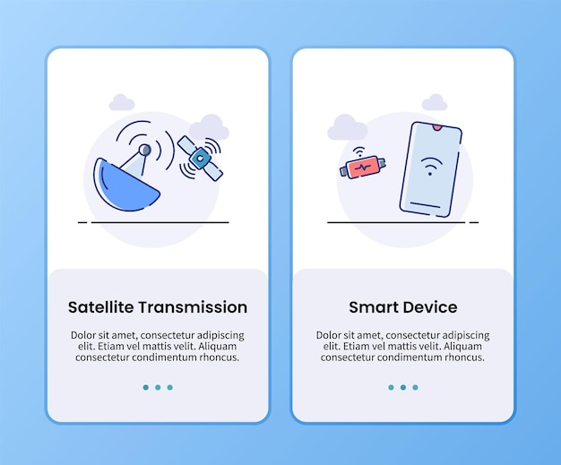 Satelliettransmissie en onboarding-sjabloon voor slimme apparaten voor mobiele ui-app-ontwerp vectorillustratie