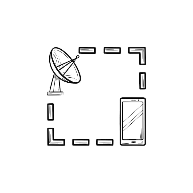 Satellite antenna and mobile phone hand drawn outline doodle icon. gps navigation technology, location concept