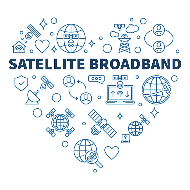 Satellite Broadband vector dunne lijn hartvormige banner - Internet Technology concept outline blauwe illustratie