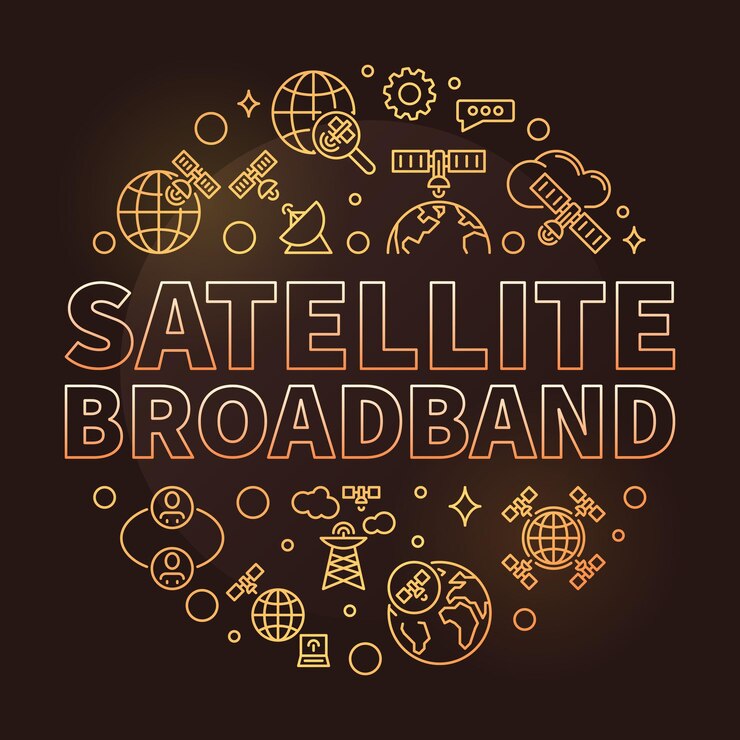 Vector satellite broadband vector outline round golden banner. internet technology concept line round illustration with dark background