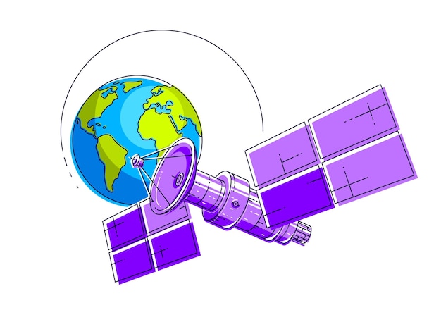 Vettore satellite in volo orbitale attorno alla terra tecnologia di comunicazione navicella spaziale stazione spaziale con pannelli solari e piastra di antenna satellitare illustrazione vettoriale 3d a linea sottile