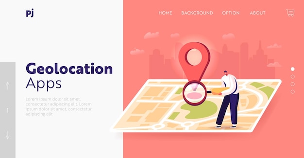 Vector satellite geolocation positioning landing page template. tiny male character with magnifier at huge map with gps pin finding correct way in big city. navigation, traveling. cartoon vector illustration