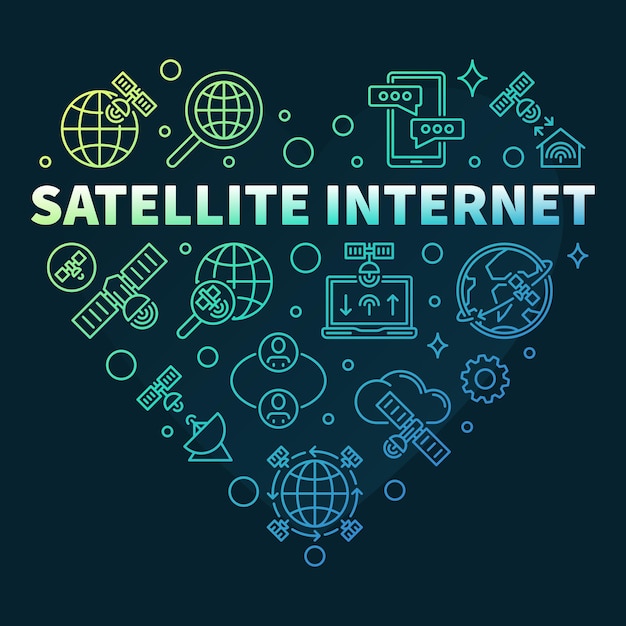 Satellite Internet Heart vector concept thin line colored banner. Technology illustration in outline style with dark background