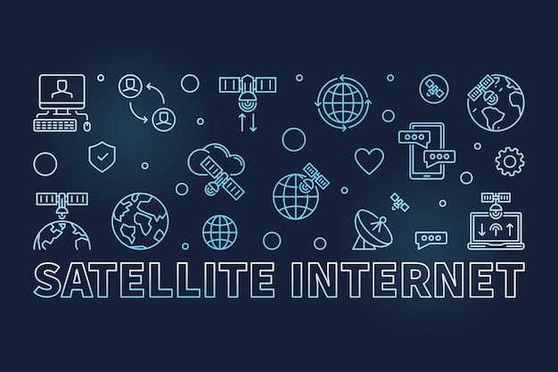 Satellite Internet vector blauwe horizontale banner - Wireless Satellite Data Transmission concept lineaire gekleurde illustratie met donkere achtergrond