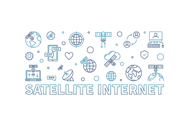 Satellite Internet vector outline creative horizontal banner. Wireless Satellite Data Transmission concept linear illustration