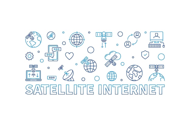 ベクトル 衛星インターネットベクトル概要 クリエイティブな水平バナー ワイヤレス衛星データ送信コンセプトの線形イラスト