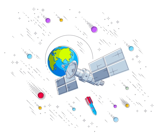 Vector satellite orbiting around earth, spaceflight, communication spacecraft space station with solar panels and satellite antenna plate, under meteor rain and stars. vector.