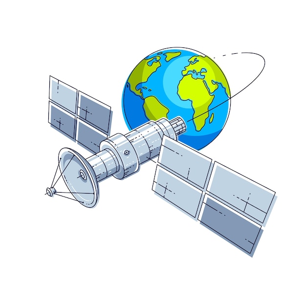 Vector satellite orbiting around earth, spaceflight, communication spacecraft space station with solar panels and satellite antenna plate. thin line 3d vector illustration.