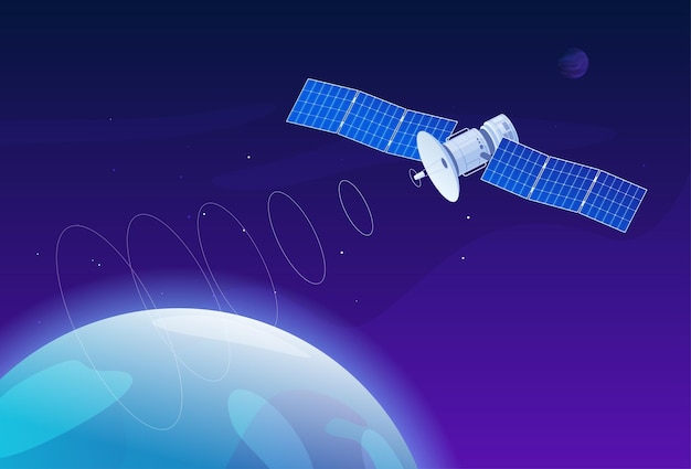 Vector the satellite orbits the earth the spacecraft receives and transmits a signal modern internet technologies vector illustration