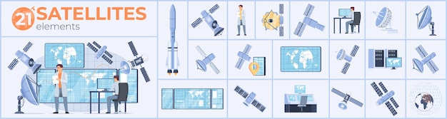 Vector satellites composition set with broadcast and shuttle symbols flat isolated vector illustration