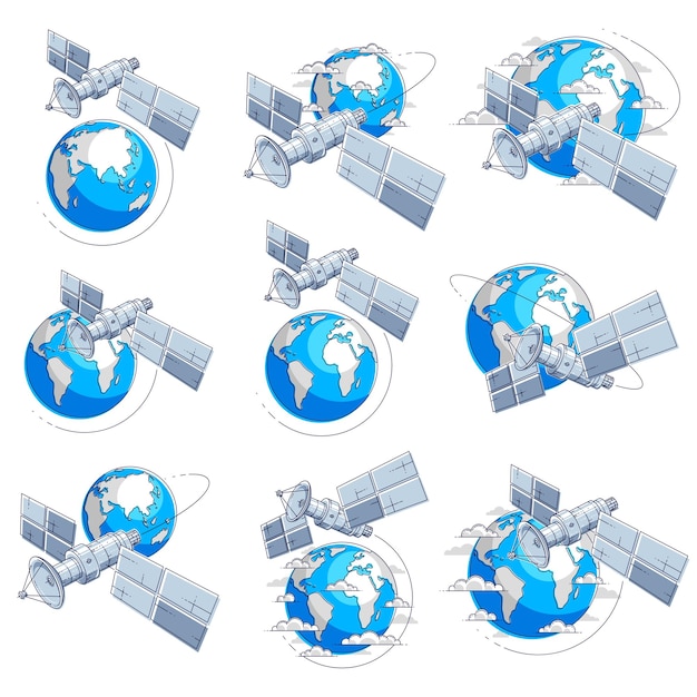 Satellites flying orbital flight around earth, communication technology spacecraft space station with solar panels and satellite antenna plate. Thin line 3d vector illustrations set isolated.