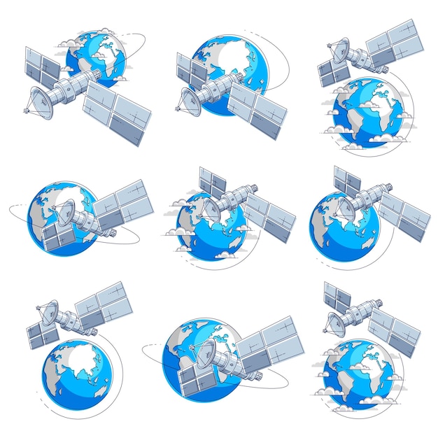 Vector satellites flying orbital flight around earth, communication technology spacecraft space station with solar panels and satellite antenna plate. thin line 3d vector illustrations set isolated.