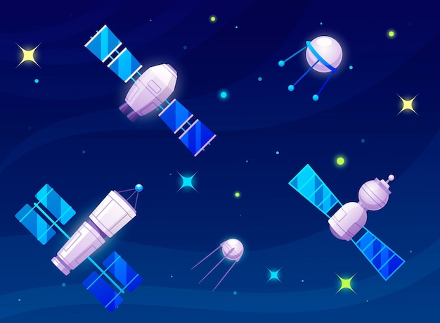 Satellites in space game background depicts a stunning cosmic vista with orbiting satellites shining stars and distant galaxies creating an immersive space adventure cartoon vector illustration