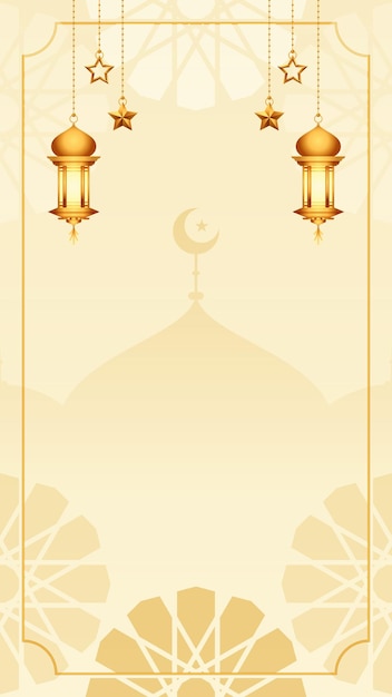 Vector satin cream white simple islamic blank vertical vector achtergrond versierd met gouden ornamenten.