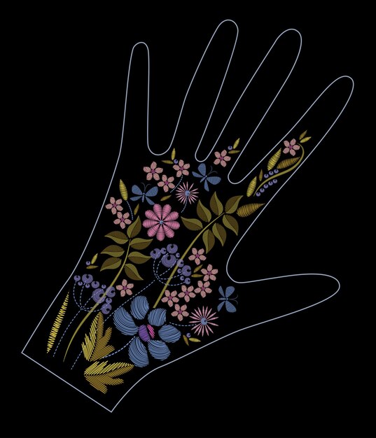 Vector satin stitch embroidery design with colorful flowers. folk line floral trendy pattern on glove decor. ethnic fashion ornament for hand on black background.