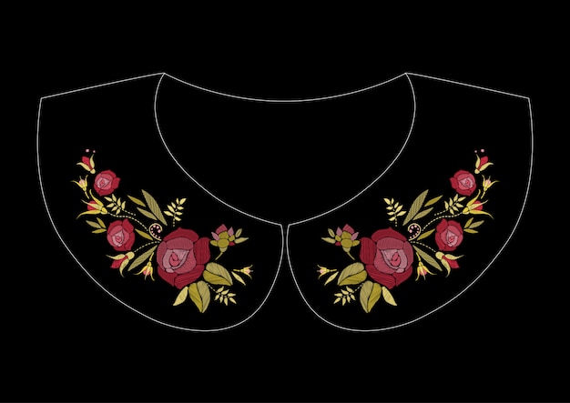 Vector satin stitch embroidery  with roses. folk line floral trendy pattern for dress collar.