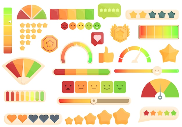 Satisfaction level icons set cartoon vector. Customer smile. Good face