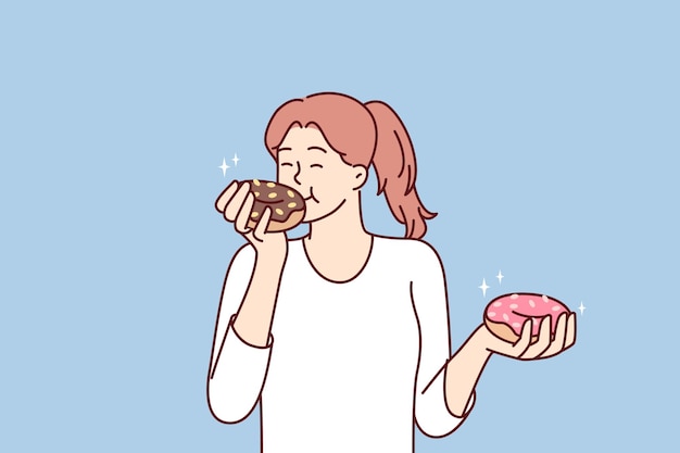 Satisfied beautiful girl eats donuts bought in store with fresh pastries and sweet desserts