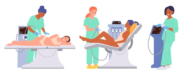 Satisfied female patient cartoon character at cosmetology office receiving hair removal procedure