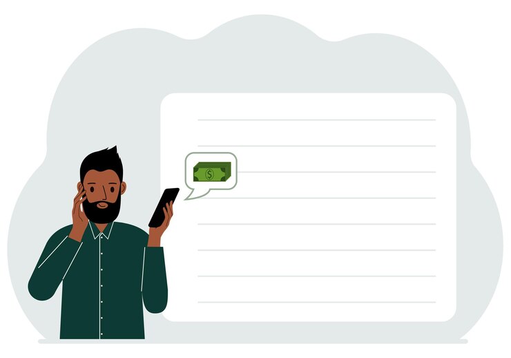 Vector a satisfied man holds a phone to which a message about money has arrived