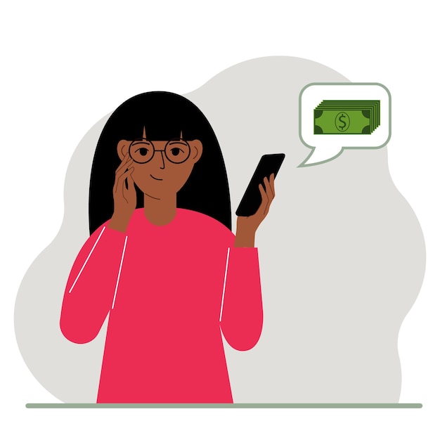 Довольная женщина держит телефон, на который пришло сообщение о деньгах Концепция получения дохода в Интернете