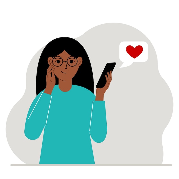 Satisfied woman reads a message on his mobile phone message with red heart vector