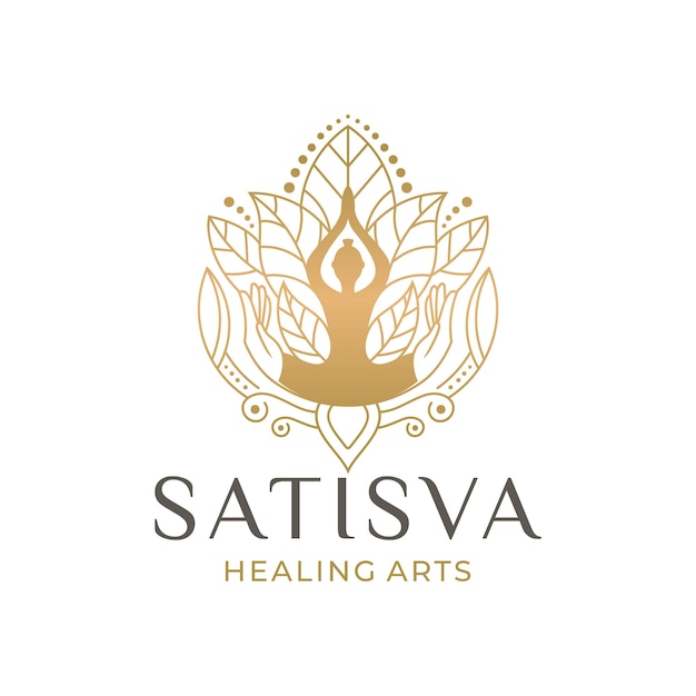 Satisva Healing arts yoga poses women icons decoration with flowers pattern logo design illustration