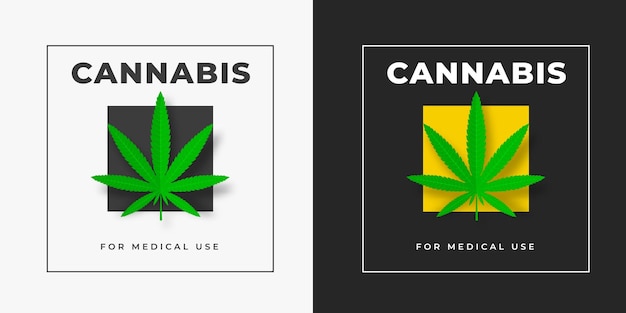 Sativa and indica cannabis vector logo template on white and black background, squared. Medical marijuana emblem design cbd and thc. Graphic label with green leaf of grass.