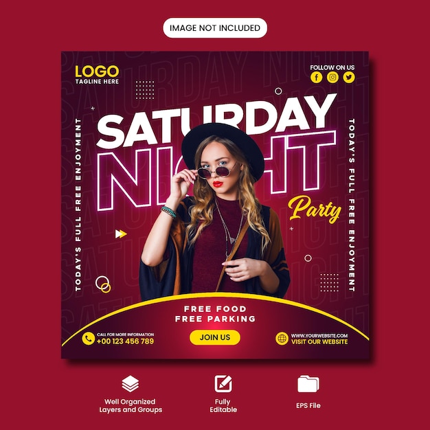 saturday night party social media post template design