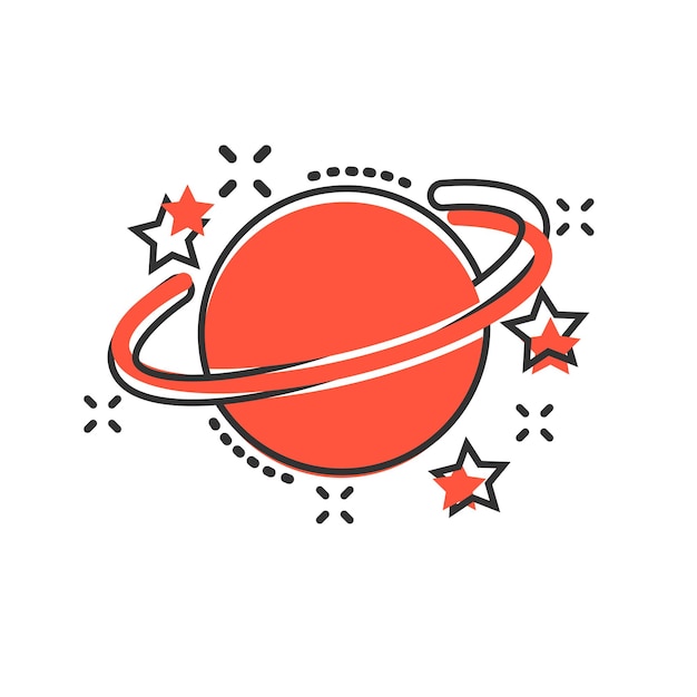 Saturnus pictogram in komische stijl Planeet vector cartoon illustratie op witte geïsoleerde achtergrond Galaxy ruimte bedrijfsconcept splash effect