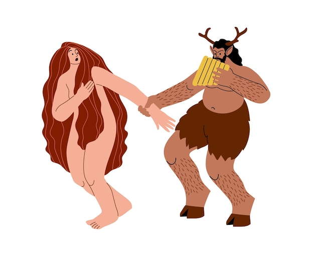 Vector a satyr plays the flute and catches a nymph