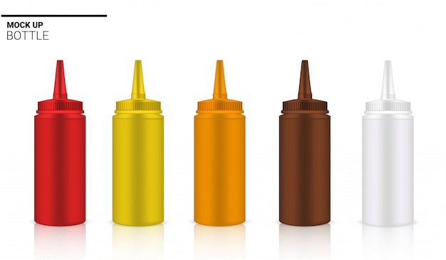 Flacone per salsa confezione realistica di fiala o contagocce rosso, marrone e giallo.